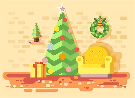 Stock vector illustration cartoon home interior comfortable chair, room with Christmas tree spruce, happy New Year, Merry Christmas wreath, decorated gifts, celebrate flat style element motion design Stock Photo - Budget Royalty-Free & Subscription, Code: 400-09082832