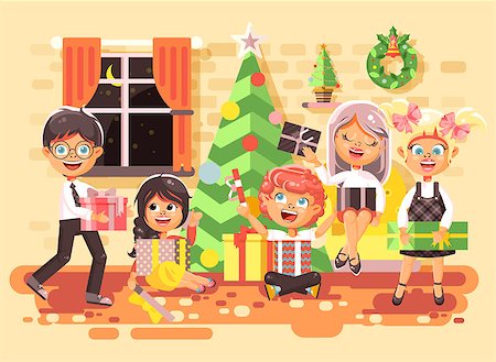 Stock vector illustration cartoon characters children, boys and girls in room under Christmas tree, happy New Year and Christmas, give gifts, rejoice and celebrate flat style element for motion design Stock Photo - Budget Royalty-Free & Subscription, Code: 400-09082833