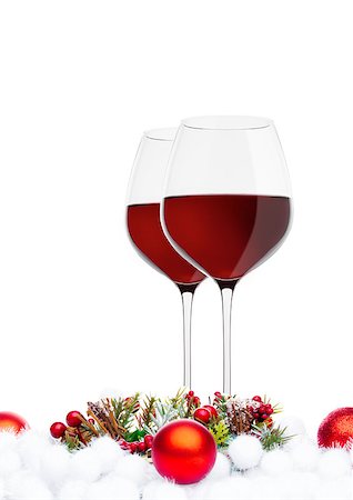 simsearch:400-04265369,k - Red wine glasses with christmas decoration on white background Photographie de stock - Aubaine LD & Abonnement, Code: 400-09082845