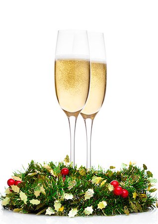 simsearch:400-04265369,k - Champagne glasses with christmas decoration on white background Photographie de stock - Aubaine LD & Abonnement, Code: 400-09082851