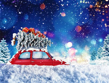 Vintage car with Christmas tree and presents with night light effect. 3d rendering Stock Photo - Budget Royalty-Free & Subscription, Code: 400-09083097