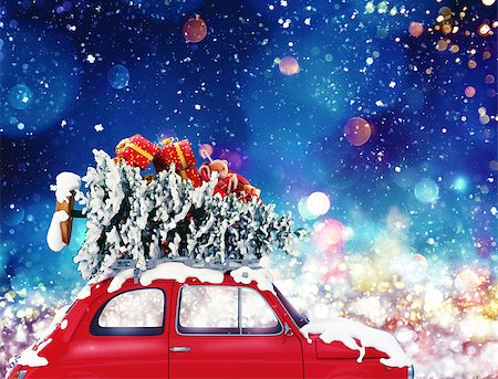 Vintage car with Christmas tree and presents with night light effect. 3d rendering Stock Photo - Budget Royalty-Free & Subscription, Code: 400-09083099