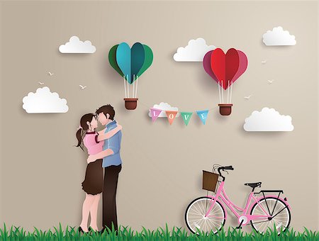 simsearch:400-08648666,k - Illustration of love and valentine's Day,  with couple standing hugging on a grass field with pink bicycle and heart shaped balloon.paper art and origami style. Stock Photo - Budget Royalty-Free & Subscription, Code: 400-09083218