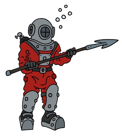 sous-marin (vaisseau) - Hand drawing of a vintage underwater deep diver with a harpoon Photographie de stock - Aubaine LD & Abonnement, Code: 400-09083212