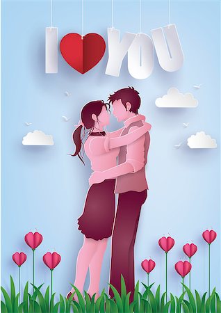 simsearch:400-08648666,k - Illustration of love and valentine's day,  with couple standing hugging on a grass field  and flower.paper art style. Stock Photo - Budget Royalty-Free & Subscription, Code: 400-09083226