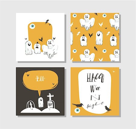 Hand drawn vector abstract cartoon Happy Halloween illustrations party posters and collection cards set with ghosts,bats,graves and modern calligraphy isolated on white background. Stock Photo - Budget Royalty-Free & Subscription, Code: 400-09083333