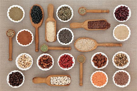 Dried diet health food with nutritional supplement powders, herbs used as appetite suppressants, pulses, coffee, grains, cereals, seeds and nuts. Foods high in omega 3, antioxidants, fiber and vitamins. Top view on hessian. Stock Photo - Budget Royalty-Free & Subscription, Code: 400-09083375
