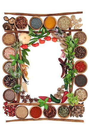 salt border - Abstract herb and spice border with fresh and dried herbs and spices with cinnamon sticks creating a frame  On white background, top view. Stock Photo - Budget Royalty-Free & Subscription, Code: 400-09083395