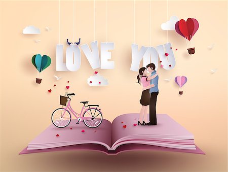 simsearch:400-08648666,k - Illustration of love and valentine's Day,  with couple standing hugging on open book with pink bicycle .paper art and origami style. Stock Photo - Budget Royalty-Free & Subscription, Code: 400-09083544