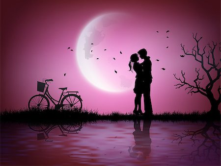 simsearch:400-08648666,k - Illustration of love and valentine's Day  with couple silhouette  and half moon. Stock Photo - Budget Royalty-Free & Subscription, Code: 400-09083546