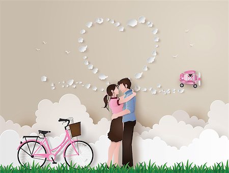 simsearch:400-08648666,k - Illustration of love and valentine's Day,  with couple standing hugging on a grass field with pink bicycle and plane,paper art style. Stock Photo - Budget Royalty-Free & Subscription, Code: 400-09083547