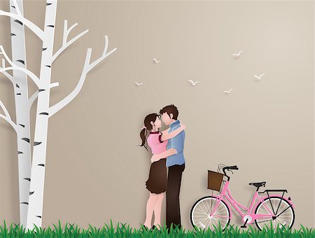 simsearch:400-08648666,k - Illustration of love and valentine's Day with couple standing hugging on a grass field with pink bicycle ,paper art style. Stock Photo - Budget Royalty-Free & Subscription, Code: 400-09083549