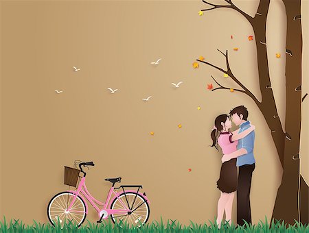 simsearch:400-08648666,k - Illustration of love in autumn season,  with couple standing hugging on a grass field with pink bicycle .paper art style. Stock Photo - Budget Royalty-Free & Subscription, Code: 400-09083550