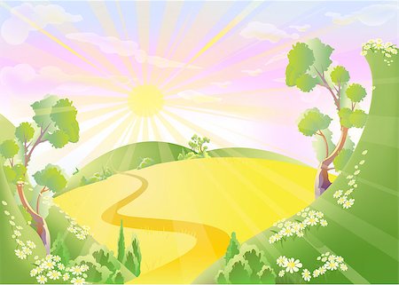 fairyland - fantastic country with hills of trees meadows and sun Stock Photo - Budget Royalty-Free & Subscription, Code: 400-09083709
