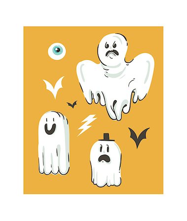 simsearch:400-05690180,k - Hand drawn vector abstract cartoon Happy Halloween illustrations collection set with different funny ghosts decoration elements isolated on orange background Foto de stock - Super Valor sin royalties y Suscripción, Código: 400-09083738