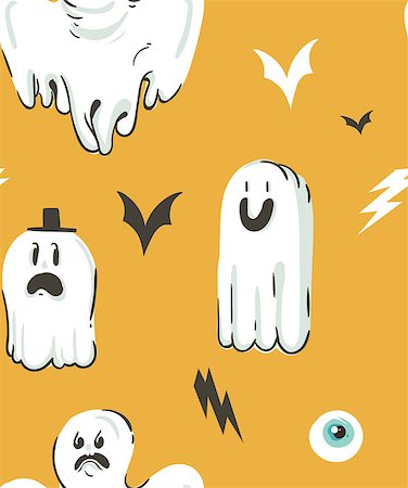 simsearch:400-05690180,k - Hand drawn vector abstract cartoon Happy Halloween illustrations collection seamless pattern with different funny ghosts decoration elements isolated on orange background Foto de stock - Super Valor sin royalties y Suscripción, Código: 400-09083739