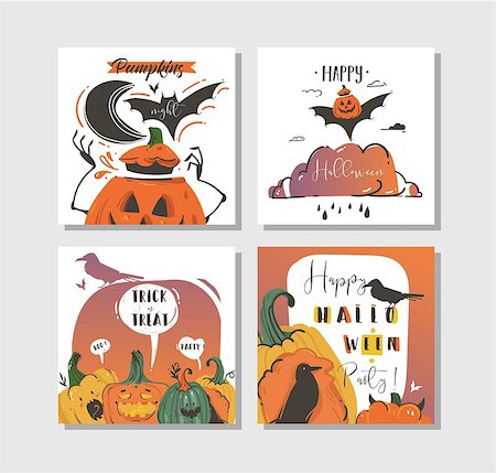 simsearch:400-04228432,k - Hand drawn vector abstract cartoon Happy Halloween illustrations party posters and collection cards set with ravens,bats,pumpkins and modern calligraphy isolated on white background. Foto de stock - Royalty-Free Super Valor e Assinatura, Número: 400-09083741