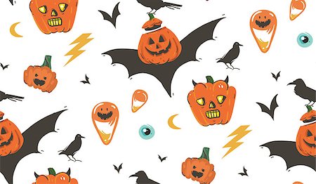 simsearch:400-09067759,k - Hand drawn vector abstract cartoon Happy Halloween illustrations seamless pattern with ravens,bats,pumpkins and modern calligraphy isolated on white background Foto de stock - Royalty-Free Super Valor e Assinatura, Número: 400-09083742