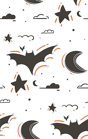 simsearch:400-09067759,k - Hand drawn vector abstract cartoon Happy Halloween illustrations seamless pattern with bats,stars,moon,clouds isolated on white background. Foto de stock - Royalty-Free Super Valor e Assinatura, Número: 400-09083743