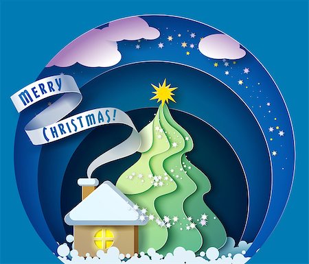 Color paper cut design and craft winter landscape with evergreen tree, house with smoke from chimney, stars and clouds. Holiday nature and christmas tree. Vector illustration. Merry Christmas card. Stock Photo - Budget Royalty-Free & Subscription, Code: 400-09083815