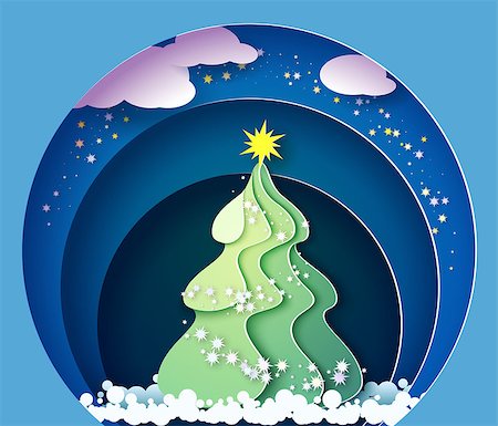 Color paper cut design and craft winter landscape with evergreen tree, stars and snowflakes. Holiday nature and christmas tree. Web banner. Vector illustration. Stock Photo - Budget Royalty-Free & Subscription, Code: 400-09083816