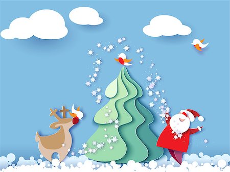 Color paper cut design and craft winter landscape with evergreen tree, reindeer, Santa, clouds. Holiday nature and christmas tree. Vector illustration. Merry Christmas card. Stock Photo - Budget Royalty-Free & Subscription, Code: 400-09083812