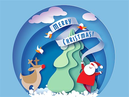 Color paper cut design and craft winter landscape with evergreen tree, reindeer, Santa, clouds. Holiday nature and christmas tree. Vector illustration. Merry Christmas card. Stock Photo - Budget Royalty-Free & Subscription, Code: 400-09083813