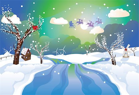 Cartoon Santa Claus riding his sleigh at the Christmas night. Fotografie stock - Microstock e Abbonamento, Codice: 400-09083989