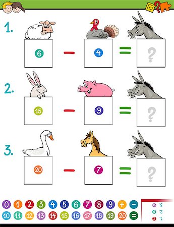 Cartoon Illustration of Educational Mathematical Subtraction Puzzle Game for Preschool and Elementary Age Children with Funny Farm Animal Characters Stock Photo - Budget Royalty-Free & Subscription, Code: 400-09094122