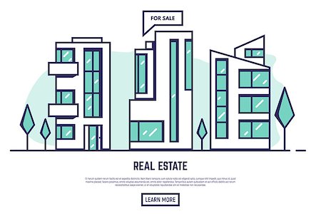 simsearch:400-08967527,k - Real estate banner. Small modern buildings with big glass windows. City park with trees and green background. House rent concept with popup with text and button. Linear modern, trendy vector banner. Stock Photo - Budget Royalty-Free & Subscription, Code: 400-09094132