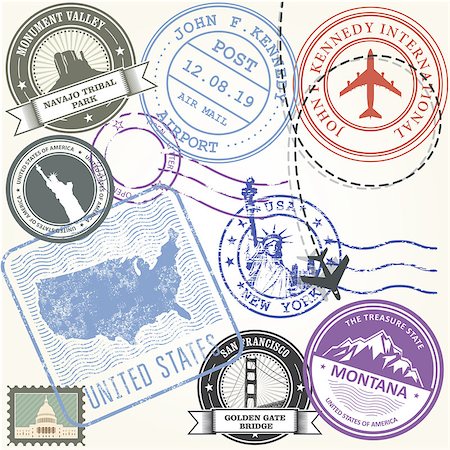 simsearch:400-08836825,k - United states travel stamps set - USA journey symbols Foto de stock - Super Valor sin royalties y Suscripción, Código: 400-09094145