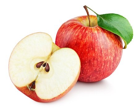 simsearch:400-04864980,k - Ripe red apple fruit with apple half and green leaf isolated on white background. Red apples and leaf with clipping path Photographie de stock - Aubaine LD & Abonnement, Code: 400-09094249