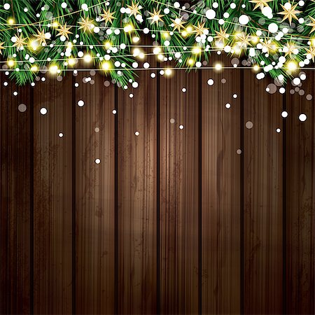 simsearch:400-09095404,k - Fir Branch with Neon Lights and Snowflakes on Wooden Background. Merry Christmas and Happy New Year. Vector Illustration. Fotografie stock - Microstock e Abbonamento, Codice: 400-09094368