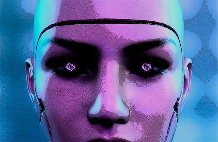 simsearch:400-04356646,k - Dark female robot face at blue background - 3d rendering Stock Photo - Budget Royalty-Free & Subscription, Code: 400-09094379