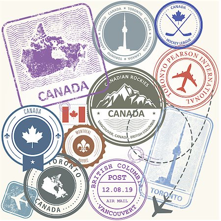 Canada travel stamps set -  journey symbols of Toronto, Canada and Quebec Stock Photo - Budget Royalty-Free & Subscription, Code: 400-09094453