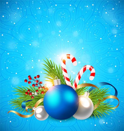 Christmas greeting card with green fir branch and decorations on a blue background. Stock Photo - Budget Royalty-Free & Subscription, Code: 400-09094494