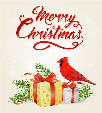 simsearch:400-08813741,k - Vector Christmas banner with red cardinal bird, gifts and greeting inscription. Merry Christmas lettering Photographie de stock - Aubaine LD & Abonnement, Code: 400-09094495