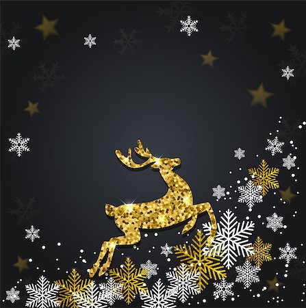 Vector Christmas greeting card. Snowflakes and golden glitter deer on a black background. Photographie de stock - Aubaine LD & Abonnement, Code: 400-09094496