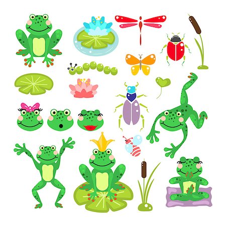 fat jump - Frogs cartoon green clip-art vector set. Beetles, dragonfly, prince and water lily illustration. Stock Photo - Budget Royalty-Free & Subscription, Code: 400-09094720