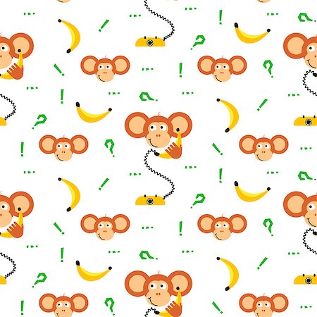 Monkey kid with banana phone seamless vector pattern for textile print. Happy cute cartoon ape on white background. Baby fabric pattern. Stock Photo - Budget Royalty-Free & Subscription, Code: 400-09094743