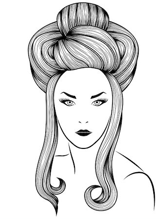 Model high bun gorgeous coiffure with long locks, hand drown detailed vector illustration isolated on the white background Stock Photo - Budget Royalty-Free & Subscription, Code: 400-09094827