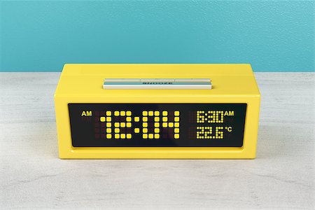 simsearch:400-04801462,k - Yellow digital alarm clock on wood nightstand Stock Photo - Budget Royalty-Free & Subscription, Code: 400-09094863