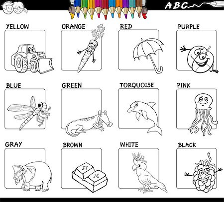 school black and white cartoons - Black and White Cartoon Illustration of Main Colors Educational Workbook Set for Children with Comic Characters Stock Photo - Budget Royalty-Free & Subscription, Code: 400-09094950