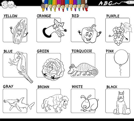 school black and white cartoons - Black and White Cartoon Illustration of Basic Colors Educational Workbook Set for Children with Comic Characters Stock Photo - Budget Royalty-Free & Subscription, Code: 400-09094951