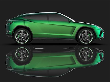 simsearch:400-09095003,k - The newest sports all-wheel drive green premium crossover in a black studio with a reflective floor. 3d rendering Stockbilder - Microstock & Abonnement, Bildnummer: 400-09094996