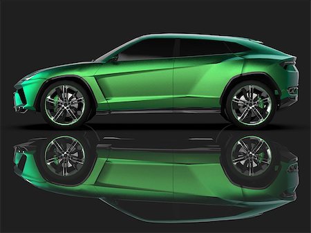 simsearch:400-09095003,k - The newest sports all-wheel drive green premium crossover in a black studio with a reflective floor. 3d rendering Stockbilder - Microstock & Abonnement, Bildnummer: 400-09094998