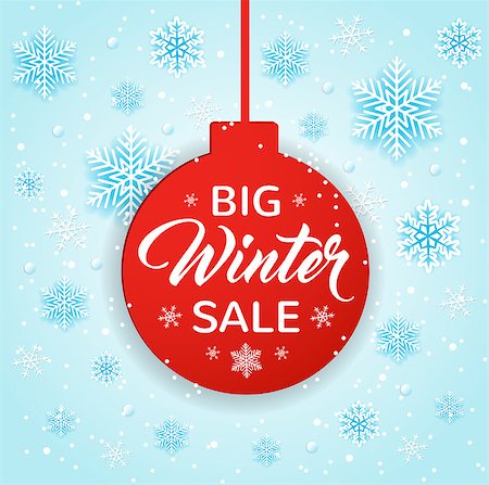 simsearch:400-08813741,k - Design for Seasonal Winter Christmas Sale. Red decoration and white snowflakes on a blue background. Vector illustration Photographie de stock - Aubaine LD & Abonnement, Code: 400-09095216