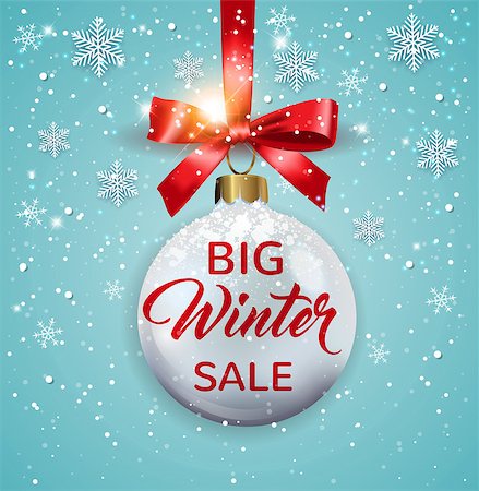 simsearch:400-08813741,k - Design for Seasonal Winter Christmas Sale. White decoration, snowflakes and red bow on a blue background. Vector illustration Photographie de stock - Aubaine LD & Abonnement, Code: 400-09095218