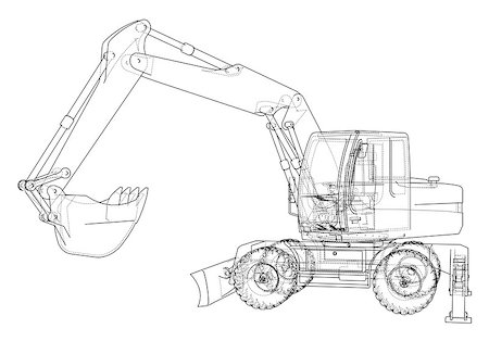 Outline of excavator isolated on white background. Vector EPS10 format, rendering of 3d Stock Photo - Budget Royalty-Free & Subscription, Code: 400-09095211