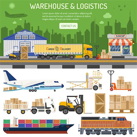 simsearch:400-08499668,k - Warehouse, logistics banner and infographics with flat Icons shop, delivery, truck, cityline and forklift. isolated vector illustration Stock Photo - Budget Royalty-Free & Subscription, Code: 400-09095229